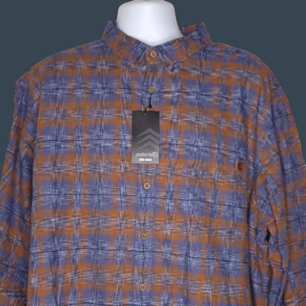 Solaris Mens Plaid Button-Up Flannel Shirt 3XB Blue Orange Long Sleeve Big Size